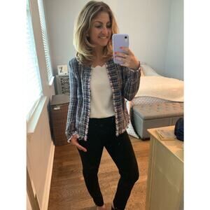 IRO Multicolored Printed Tweed Long Sleeve Frayed Hem Frannie Jacket size 36